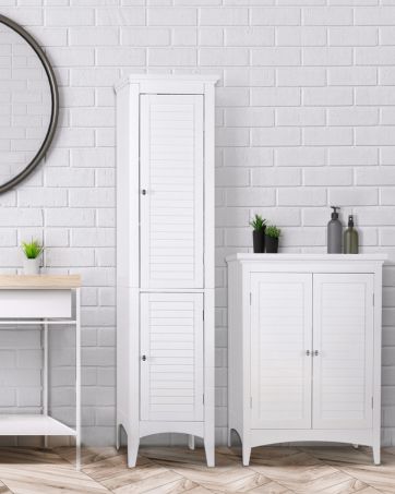 white storage in a clean and crisp white bathroom is displayed