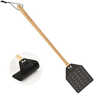 SAMEBUTECO Heavy Duty Leather Fly Swatter Black with Bench Wood Handle 19.7" Length, Fly Catcher and Insects Catcher with Ease
