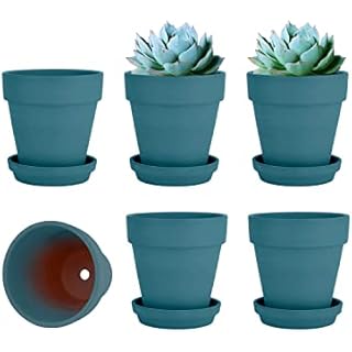 vensovo 4 Inch Steel Blue Clay Pot for Plant with Saucer - 6 Pack Small Terra Cotta Plant Pot with Drainage Hole, Flower Pot with Tray, Terracotta Pot for Indoor Outdoor Plant