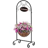 BAYN Metal Welcome Planter Basket Stand with Coco Liner, 39.5” Hanging Planter Stand with Decorative Welcome Sign Outdoor Decor for Garden, Patio, Deck, Entry and Front Porch