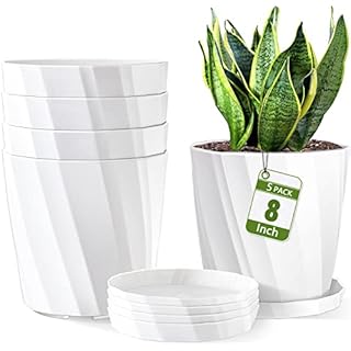 8 Inch Plastic Flower Pots Set 5 Pack with Drainage Holes and Saucers, Tray. Large Planters for Indoor Plants, House, Outdoor Plants, Orchid. Unique Decorative Planting Pots, White