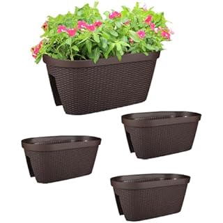 BPS 20'' Outdoor Balcony Railing PP Plastic Flower Pots - 4-Piece Set with Two Drainage Holes and Adjustable Brackets for Railings, Patios, Fences, Decks-Brown