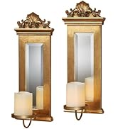 Acanthus Mirrored Wall Sconces Gold Set of Two - Beveled Mirror - Large Ornate Candle Holder Pair...
