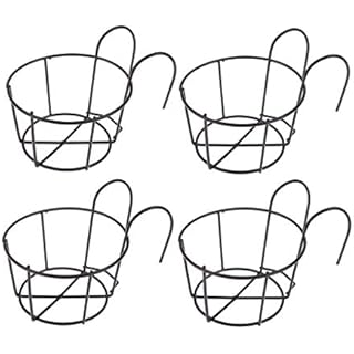 4 Pack Hanging Railing Planters Flower Pot Holders Plant Iron Racks Fence Metal Potted Stand Mounted Balcony Round Plant Baskets Shelf Container Box for Indoor&Outdoor Use-Black,Garden Steel Pots,6.3"