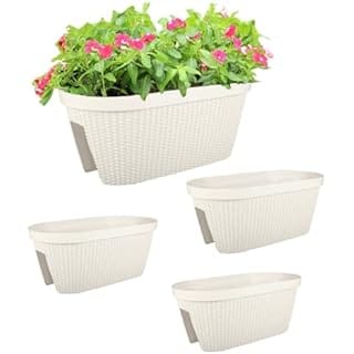 BPS 20'' Outdoor Balcony Railing PP Plastic Flower Pots - 4-Piece Set with Two Drainage Holes and Adjustable Brackets for Railings, Patios, Fences, Decks - White