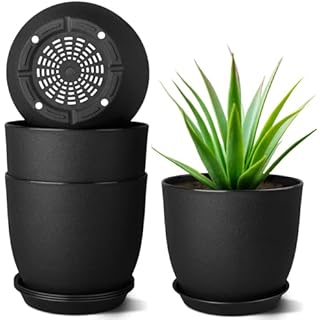 Moneysdodo 8 inch Plant Pots Set of 4 Pack, Plastic Planters with Drainage Holes and Saucers, Morden Decorative Creation Flower Pots for Indoor & Outdoor Garden House Plants, Black