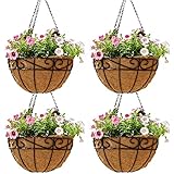 12 inch Metal Hanging Baskets For Plants Outdoor 4 Pack Round Metal Wire Hanging Basket Planter with Coco Fiber Liners Chain Round Wire Plant Holder for Garden, Patio, Deck, Porch Plants Flower Potss