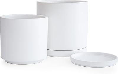 D'vine Dev 8 Inch & 10 Inch Ceramic Planter Pot for Plants with Drainage Hole and Saucer, Large Plant Pots Set, White, 94-G-L-1