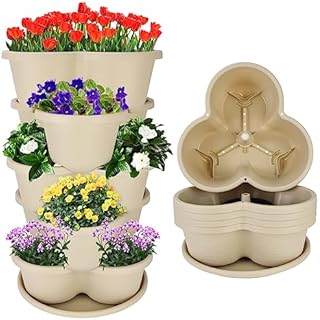 RooTrimmer 5 Tier Tower Stackable Planter, Strawberry Planter, Vertical Gardening Indoor/Outdoor Planters, Herb Planter for Growing Flowers, Vegetables and Succulents (Off-White)