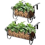 MorTime Iron Hanging Flower Rack Basket Shelf with Hooks, Railing Flower Pots Holder Black Metal Decorative Railing Shelf for Outdoor Garden Balcony Fence Patio