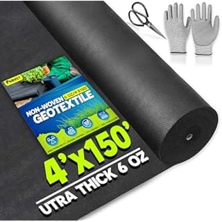 PAMAZY [Premium] Non Woven 6oz 4x150ft Geotextile Fabric (Gloves & Scissors Included), Heavy Duty Drainage Fabric for French Drains, Landscaping, Driveway, Weed Control, Construction, Underlayment