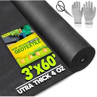 PAMAZY [Premium] Non Woven 4oz 3ftx60ft Geotextile Fabric (Gloves & Scissors Included), Heavy Duty Drainage Fabric for French Drain, Landscaping, Driveway, Weed Control, Construction, Underlayment