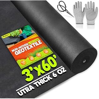 [Premium] Non Woven 6oz 3FTx60FT Geotextile Fabric (Gloves & Scissors Included), Heavy Duty Drainage Fabric for French Drains, Landscaping, Driveway, Weed Control, Construction, Underlayment