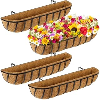 Tessco Window Baskets with Coconut Liner Window Deck Planters Boxes Railing Planter Metal Black Hanging Flower Planter Window Basket for Indoor Outdoor Lawn (4 Pieces,36 Inch)