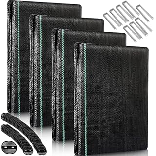 Windyun 4 Sets 50ft Garden Weed Barrier Landscape Fabric 3.2oz Woven Mulch for Landscaping Ground Cover Heavy Duty Landscape Fabric with U Shaped Securing Pegs and Gaskets for Gardening Farming