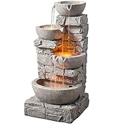 Teamson Home Water 4 Tiered Bowls Floor Stacked Stone Waterfall Fountain with LED Lights and Pump...