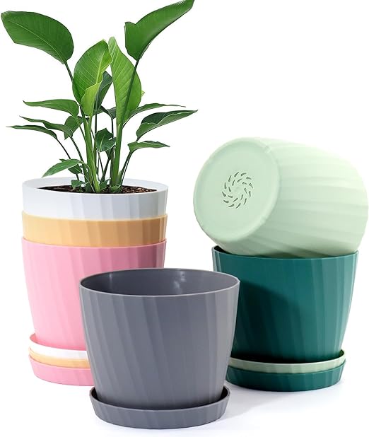 UOUZ 6'' Plant Pots Bulk, 6 Pack Plastic Planters with Drainage Holes and Saucers for Indoor Outdoor House Plants and Flowers, Colorful