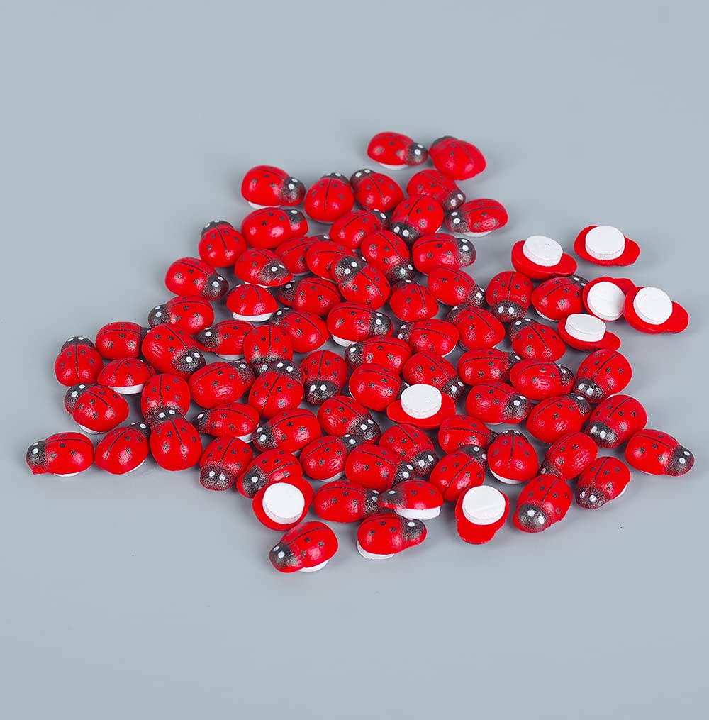 Dong Huang 200pcs Mini Fake Ladybug Model Figurine, Miniature Self-Adhesive Wooden Ladybugs Stickers, Micro Landscape Decor for Home Fairy Garden Dollhouse DIY (Red) - Image 2