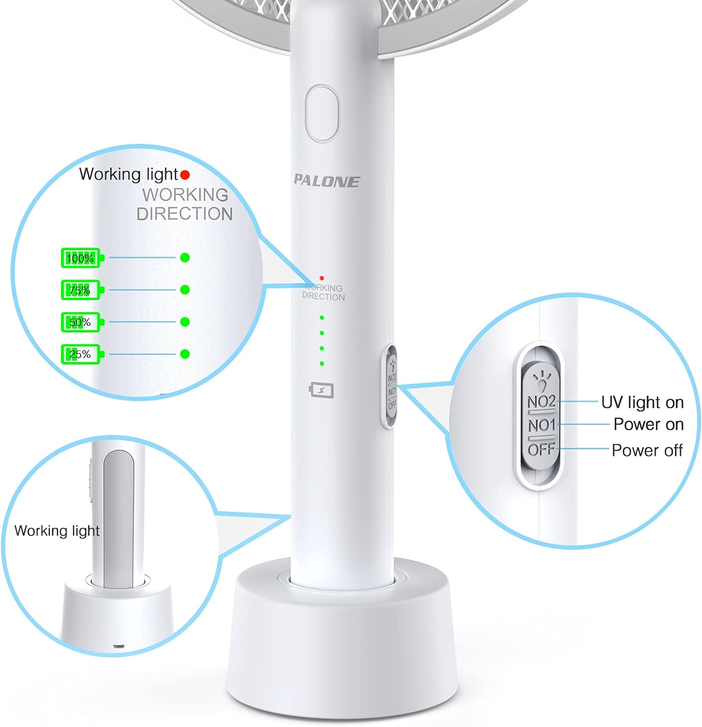 PALONE Electric Fly Swatter 3000V Bug Zapper Racket 2 in 1 Fly Swatter with 1200mAh Battery Rechargeable Mosquito Killer Lamp with 3 Layers Safety Mesh for Indoor and Outdoor - Image 3