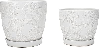 Napco JW-72058 Stamped Monstera Leaf Pattern Classic White Ceramic Indoor or Outdoor Garden Planter Pots, Set of 2