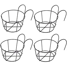 4 Pack Hanging Railing Planters Flower Pot Holders Plant Iron Racks Fence Metal Potted Stand Mounted Balcony Round Plant Bask