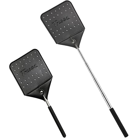 Trieez Flyswatter - Long Fly Swatter, Sturdy Leather Fly Swatter, Heavy Duty Telescopic Flyswatter with Durable Stainless Steel Handle, Rustic Bug Swatter for Home and Outdoors - (1 Pcs)