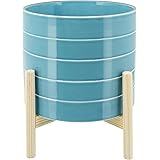 Sagebrook Home 10" Planter on Stand - Ceramic Planter on Wooden Base - Contemporary Sky Blue and White Striped Design Indoor