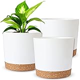 Whonline 8 Inch White Plant Pots, 3 Pack Large Plastic Flower Pots with Drainage Holes and Saucers, Modern Decorative Planter