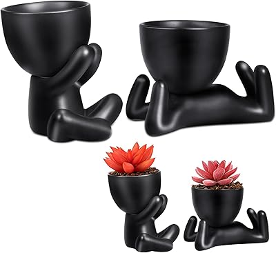 McGenusss Plant Pot, 2Pack 2.5 Inch Succulent Plants Pots, Cute Human Shaped Small Planters for Outdoor and Indoor, Mini Potted Decor for Home Office Desk Garden Gifts (Black) Plants Not Included