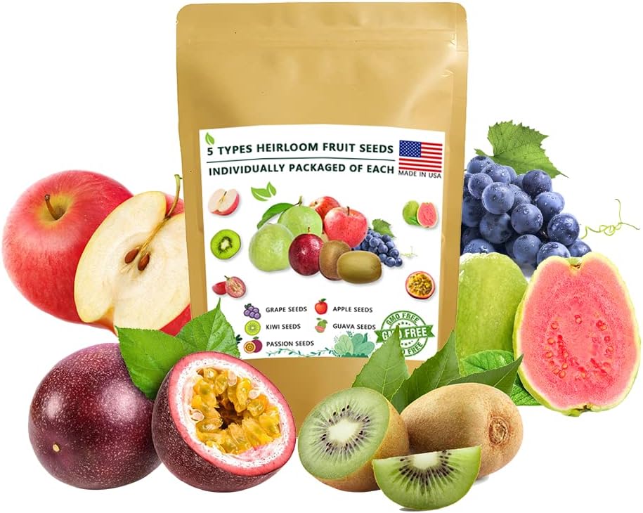 Heirloom Fruit Seeds - 5 Variety Individual Packs 100+ Grape Seeds 100+ Apple Seeds 100+ Kiwi Seeds 100+ Guava Seeds 100+ Passion Fruit Seeds for Planting Organic for Home Garden Bonsai Fruit