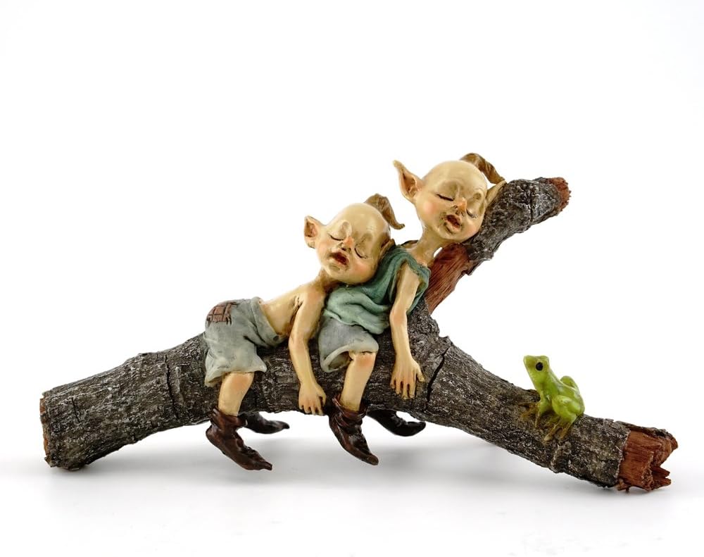 Top Collection Miniature Fairy & Terrarium Twin Garden Pixies Napping on Tree Log Statue, Small
