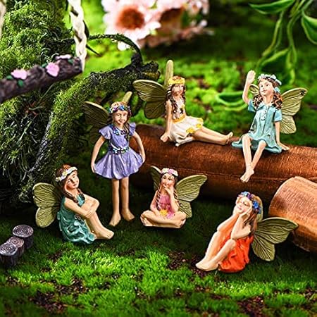 Blulu 6 Pieces Miniature Fairies Accessories Mini Figurines with Stick Little Girl Sculpture Yard Ornaments Potted Plants Resin Decor for Outdoor Garden Lawn Decoration