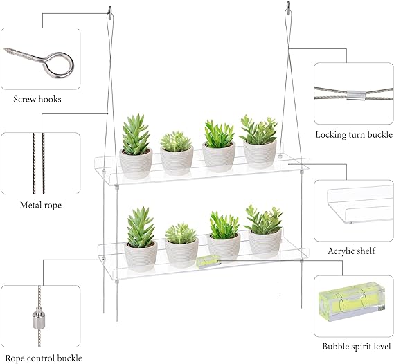 Sumerflos 2-Tier Acrylic Plant Shelves for Window of Kitchen, Bedroom, Living Room, 16 Inch Window Wall Flower Double Hanger Boxes, Height Adjustable Hanging Shelves for Indoor Plants, Succulents - Image 3