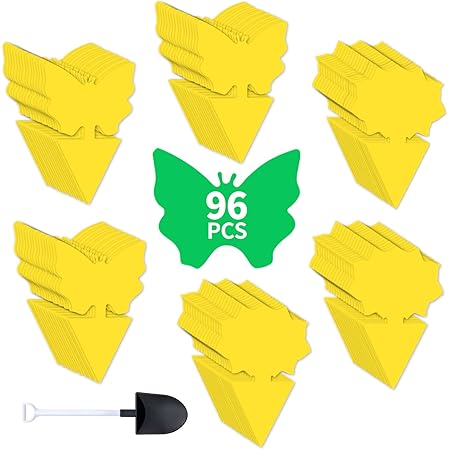 Fruit Fly Sticky Traps, Sticky Traps for Bugs 96 Pack Yellow Double Side Sticky Trap with Shovel for Gnat, Fruit Fly, White Fly, Aphid, Leaf Miner