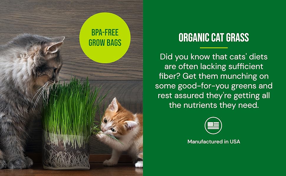 BPA-free grow bags, organic cat grass, greens for your cat full of fiber and nutrients they need