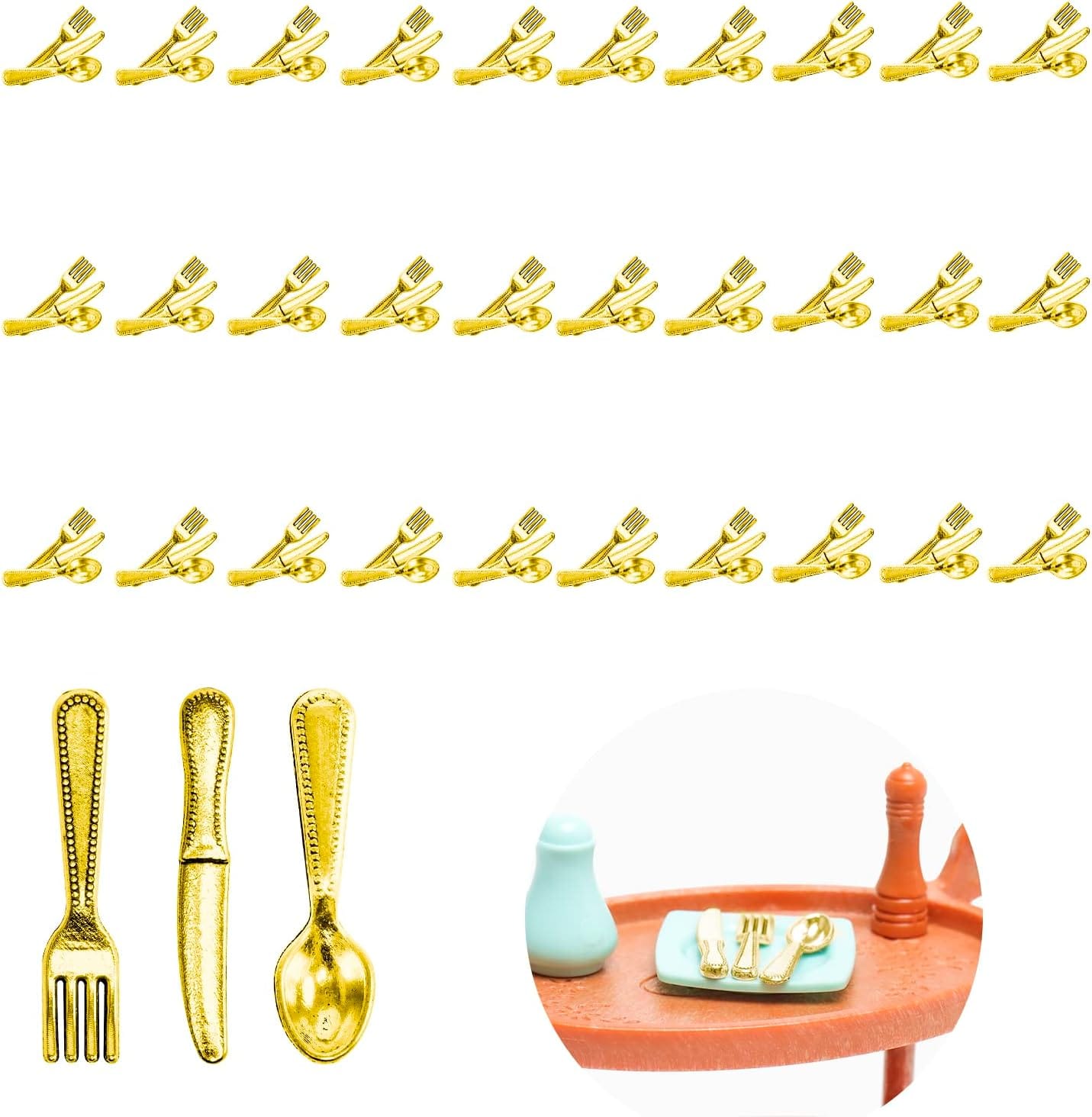 90 Pcs Miniature Knife Fork Spoon 1:12 Mini Kitchen Cutlery Set for Mini House Fairy Garden Decoration Accessories DIY Ornaments Birthday Gifts, Gold - Image 2