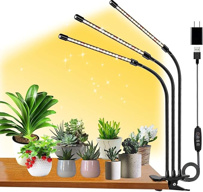 FRGROW Grow Lights for Indoor Plants Full Spectrum, Plant Lights for Indoor Growing, 3000k/5000k/660nm Plant Grow Lamps, Clip on Plant Lamp with White Red LEDs, Timer Setting,10-Level Dimmable 3-Head