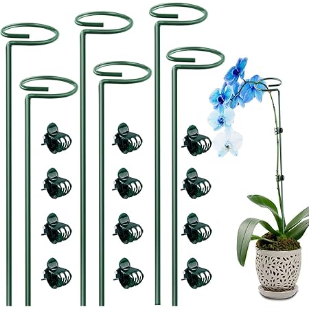 Dreecy 6 Pack 16 Inch Orchid Support Stakes with 12 Pcs Clips, Sturdy Metal Floral Flower Support Garden Single Stem Plant Stakes for Amaryllis Orchid Tomatoes Lily Rose Peony,Dark Green