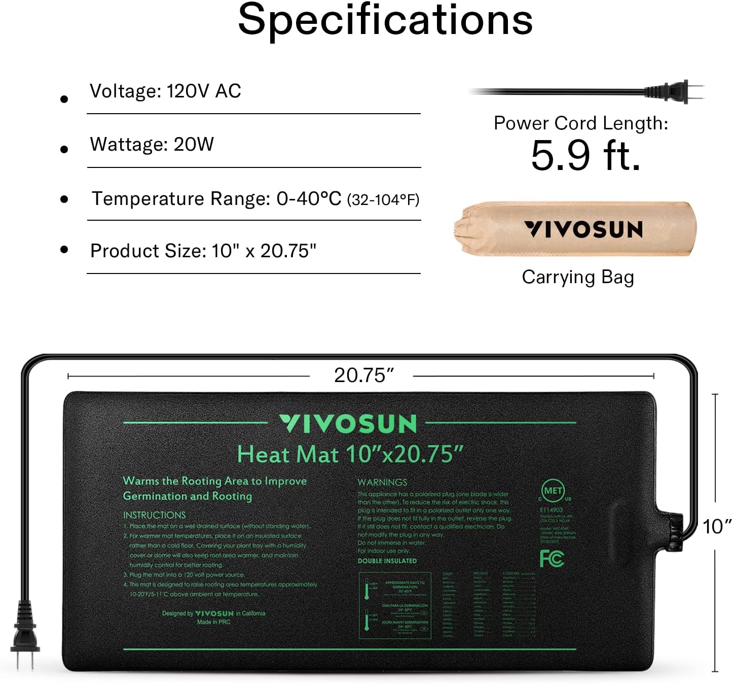 VIVOSUN 2 Pack Durable Waterproof Seedling Heat Mat 10" x 20.75" UL & MET-Certified Warm Hydroponic Heating Pad for Germination, Indoor Gardening, Greenhouse - Image 2