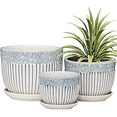 Ton Sin Grey Flower Pots,Texture Planter for Indoor Plants Set of 3 Ceramic Flower Pots with Saucer,Cute Garden Pots Succulen