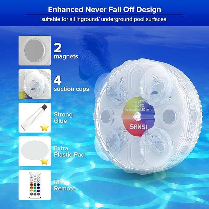 SANSI Upgraded Submersible Led Lights RF Remote(200ft), Waterproof Pool Lights for Inground Pool with Glue/Magnets/Suction Cups, Color Changing Underwater Spotlight for Ponds Battery Operated, 2-Pack - Image 3