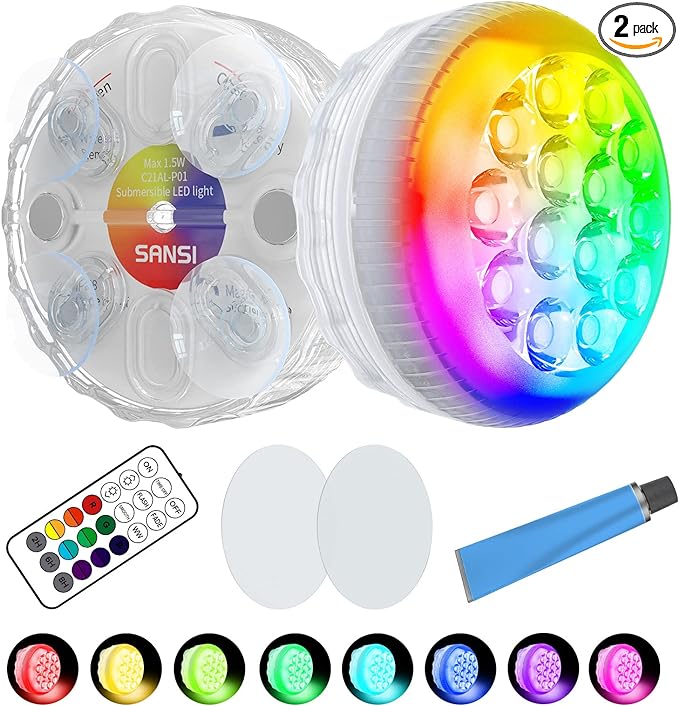 SANSI Upgraded Submersible Led Lights RF Remote(200ft), Waterproof Pool Lights for Inground Pool with Glue/Magnets/Suction Cups, Color Changing Underwater Spotlight for Ponds Battery Operated, 2-Pack