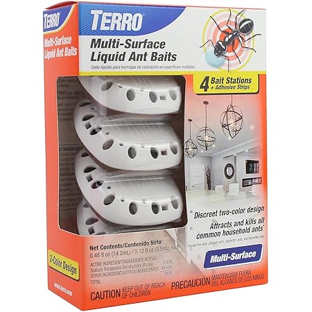 TERRO T334B Indoor Multi-Surface Liquid Ant Bait and Ant Killer - 4 Discreet Ant Bait Stations - Kills Common Household Ants