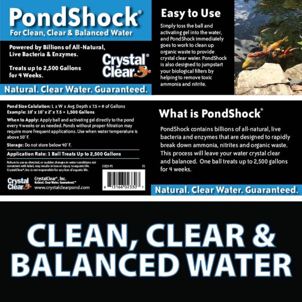 CrystalClear PondShock Ball, Natural Enzymes & Live Bacteria, Freshwater Clarifier Shock Treatment, Muck & Sludge Remover for Small Pond & Outdoor Water Garden Ponds, Koi Fish & Aquatic Plants Safe - Image 2