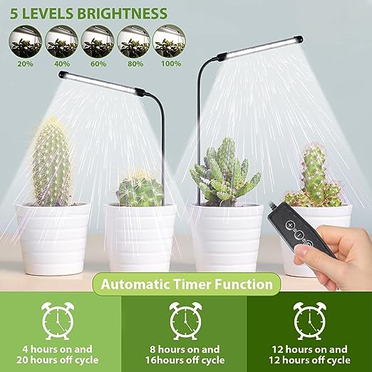 Juhefa Grow Light for Indoor Plants Growing, 6000K Full Spectrum Gooseneck Plant Lamp for Seedings Succulents Small Plants, Auto On/Off Timing & 5 Dimming, 1-PACK - Image 3
