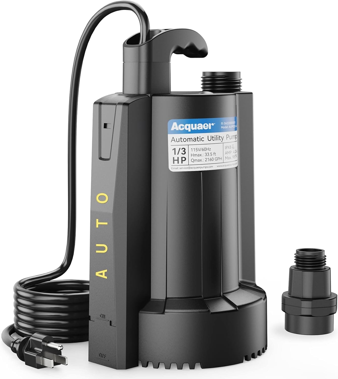 Acquaer 1/3 HP Automatic Submersible Water Sump Pump, 115V with 3/4” Garden Hose Check Valve Adapter,2160 GPH High Flow Water Removal for Swimming Pool Cover Hot Tubs Flooded House Basement - Image 3