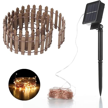 Robkea, 36 Inch Mini Fence Fairy Garden Fence & Waterproof LED 40FT 100 LED Solar String Lights with 8 Lighting Modes | Fairy Garden Accessories Outdoor(Brown)