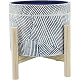 Sagebrook Home 8" Planter on Stand - Ceramic Planter on Wooden Base - Contemporary Blue Textured Design Indoor or Outdoor Pla