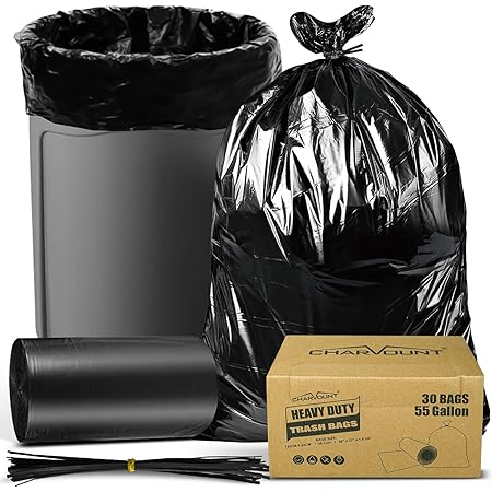 Charmount 55 Gallon Trash Bags,1.5 Mil-37"x 56" W/Ties Black Large Heavy Duty Garbage Bags for Outdoor, Yard Work, Lawn & Leaf Bags 30 Count