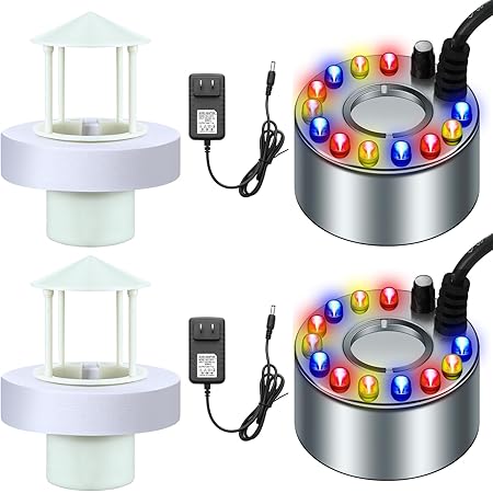 Kanayu 2 Sets Halloween Ultrasonic Mist Maker Fogger 12 LED Lights Aluminum Mister with Adjustable Fog Controller Splash Guard for Water Fountain Pond Fishtank (Alloy, Novelty Style)